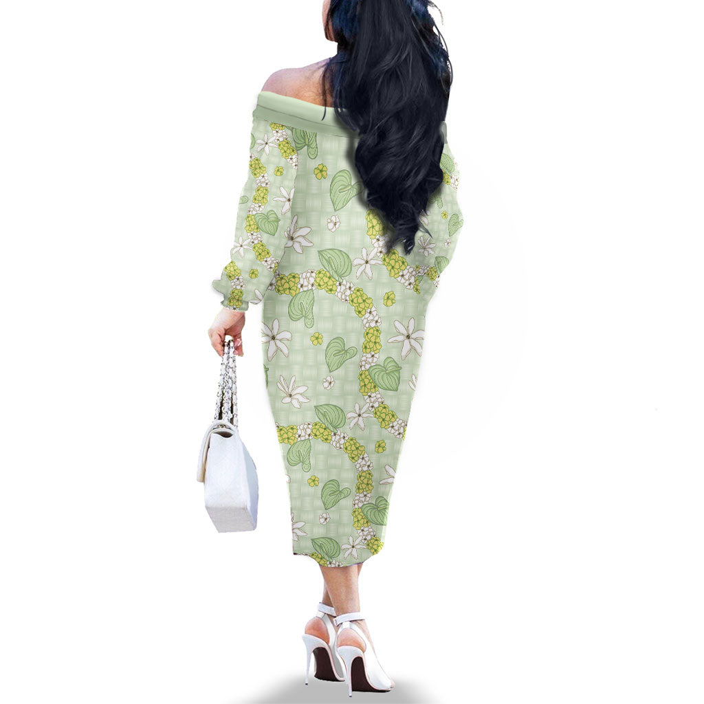 Hawaii Anthurium Tiare Pikake Lei Family Matching Off The Shoulder Long Sleeve Dress and Hawaiian Shirt Sage Green Lauhala Art Pattern LT01 - Polynesian Pride