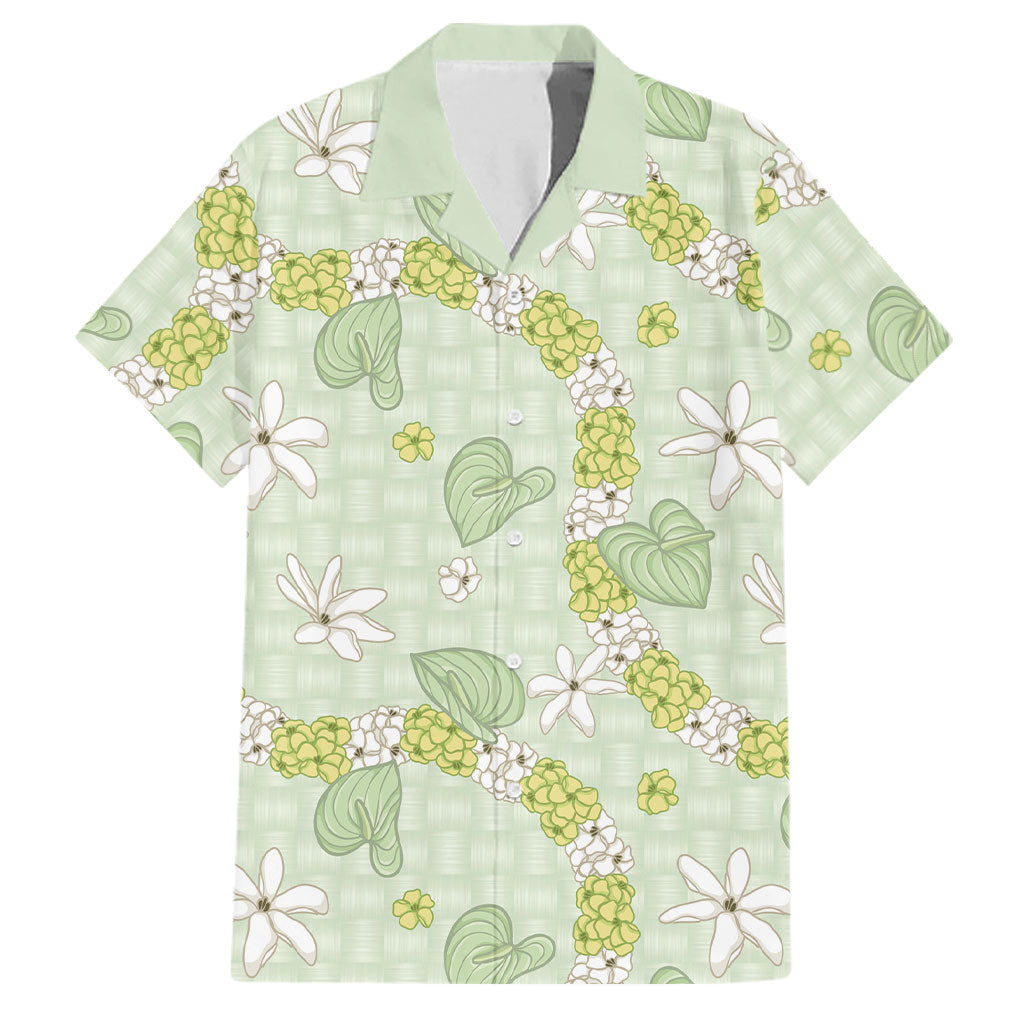 Hawaii Anthurium Tiare Pikake Lei Family Matching Off Shoulder Short Dress and Hawaiian Shirt Sage Green Lauhala Art Pattern LT01 Dad's Shirt - Short Sleeve Green - Polynesian Pride