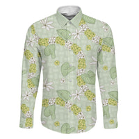 Hawaii Anthurium Tiare Pikake Lei Family Matching Off Shoulder Short Dress and Hawaiian Shirt Sage Green Lauhala Art Pattern LT01 Dad's Shirt - Long Sleeve Green - Polynesian Pride