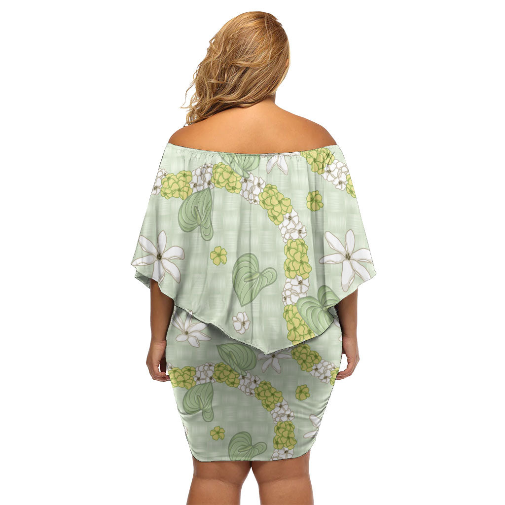 Hawaii Anthurium Tiare Pikake Lei Family Matching Off Shoulder Short Dress and Hawaiian Shirt Sage Green Lauhala Art Pattern LT01 - Polynesian Pride