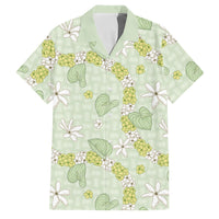 Hawaii Anthurium Tiare Pikake Lei Family Matching Puletasi and Hawaiian Shirt Sage Green Lauhala Art Pattern