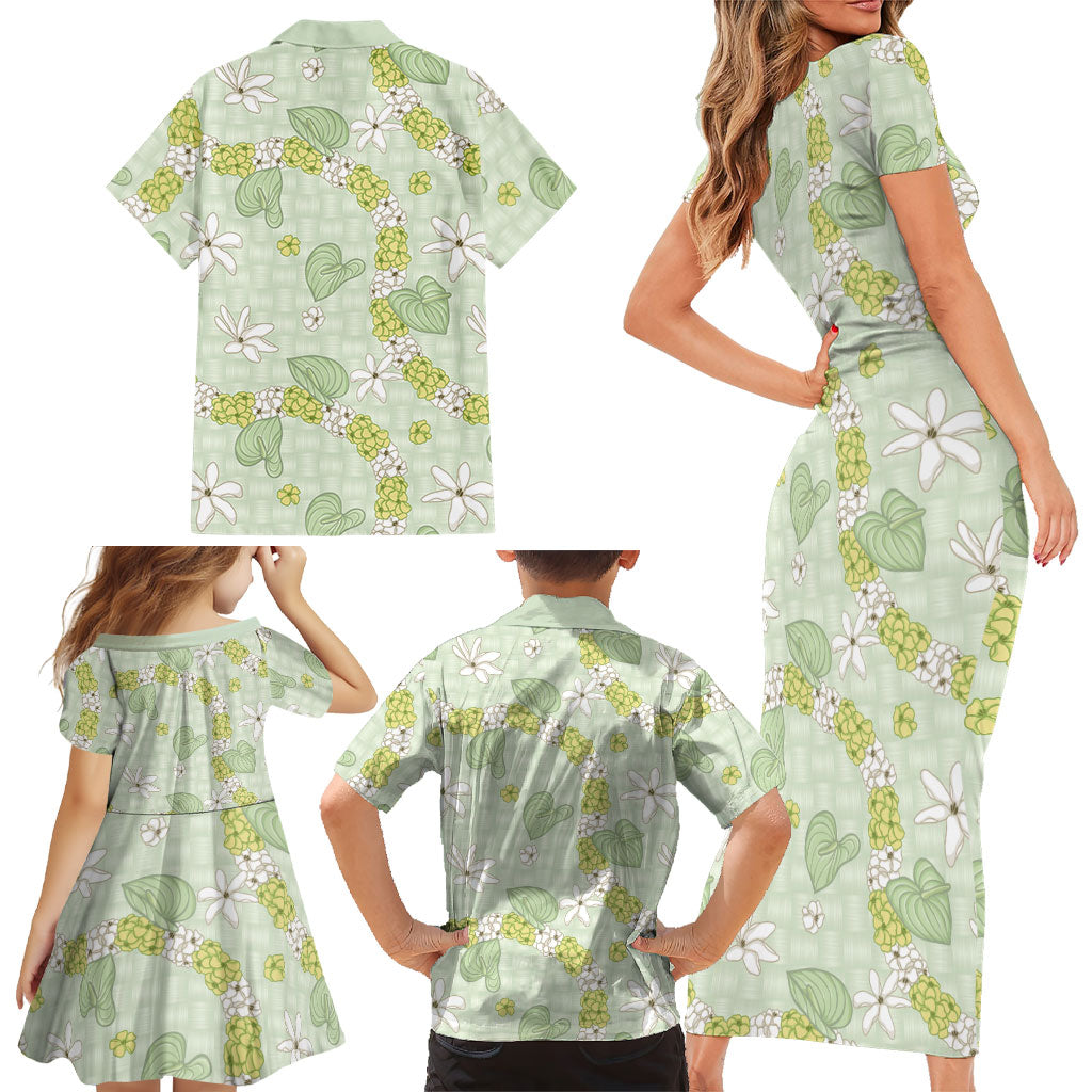 Hawaii Anthurium Tiare Pikake Lei Family Matching Short Sleeve Bodycon Dress and Hawaiian Shirt Sage Green Lauhala Art Pattern LT01 - Polynesian Pride