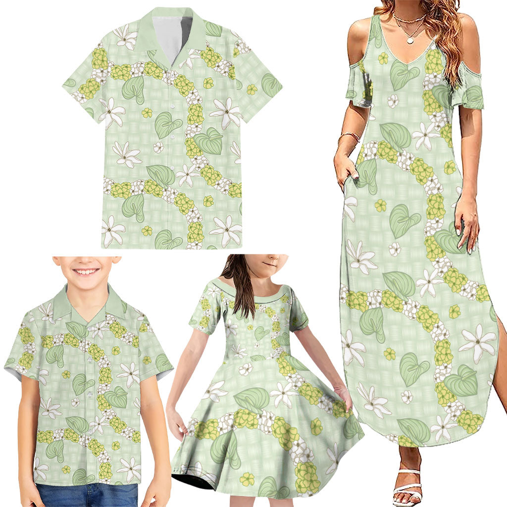 Hawaii Anthurium Tiare Pikake Lei Family Matching Summer Maxi Dress and Hawaiian Shirt Sage Green Lauhala Art Pattern LT01 - Polynesian Pride