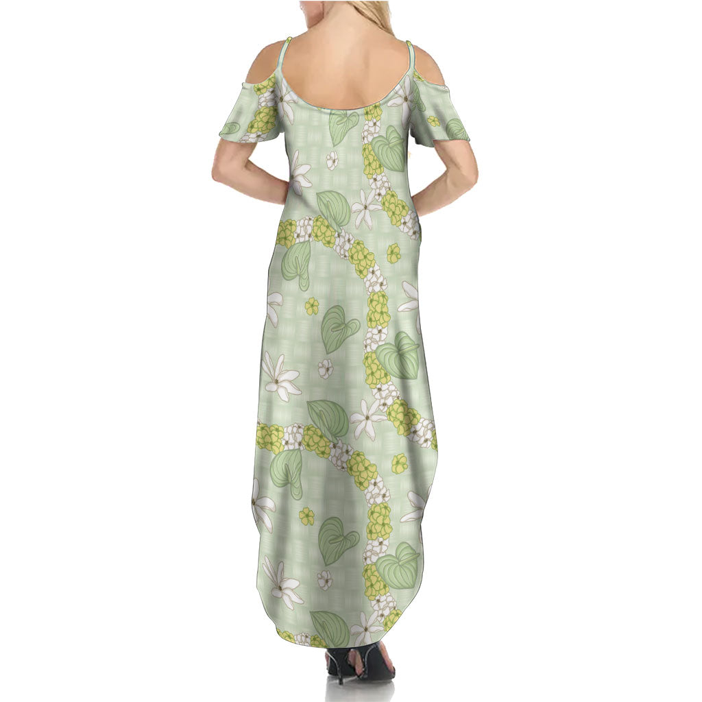Hawaii Anthurium Tiare Pikake Lei Family Matching Summer Maxi Dress and Hawaiian Shirt Sage Green Lauhala Art Pattern LT01 - Polynesian Pride