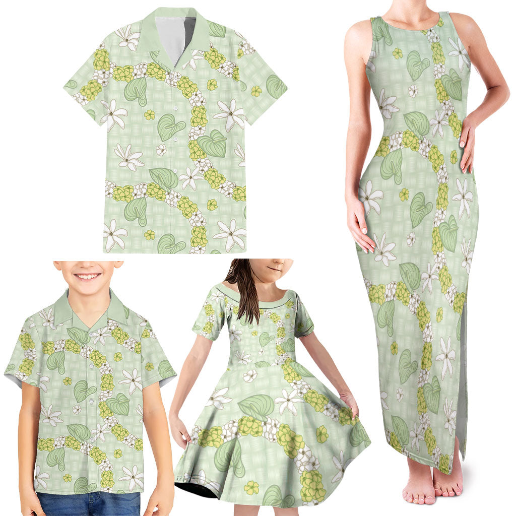 Hawaii Anthurium Tiare Pikake Lei Family Matching Tank Maxi Dress and Hawaiian Shirt Sage Green Lauhala Art Pattern LT01 - Polynesian Pride