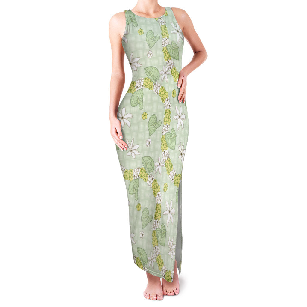 Hawaii Anthurium Tiare Pikake Lei Family Matching Tank Maxi Dress and Hawaiian Shirt Sage Green Lauhala Art Pattern LT01 Mom's Dress Green - Polynesian Pride