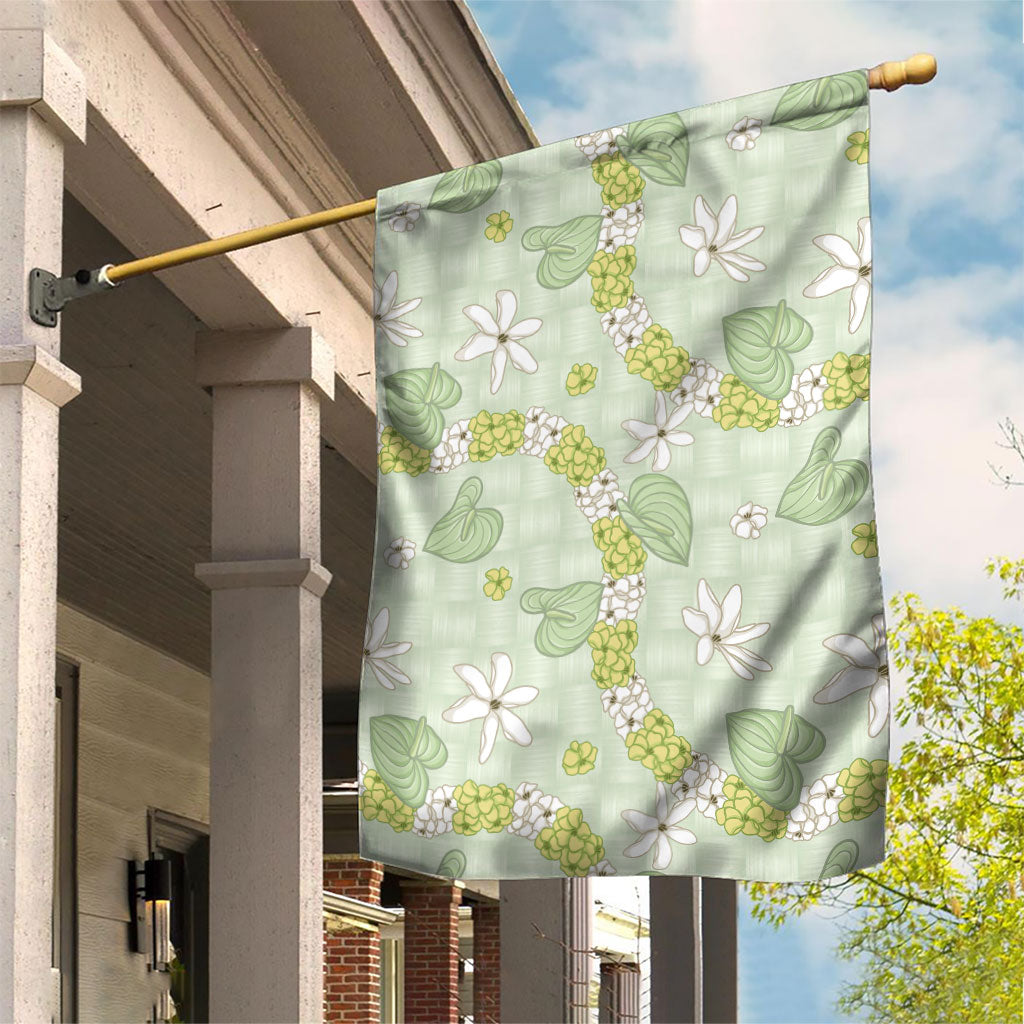 Hawaii Anthurium Tiare Pikake Lei Garden Flag Sage Green Lauhala Art Pattern