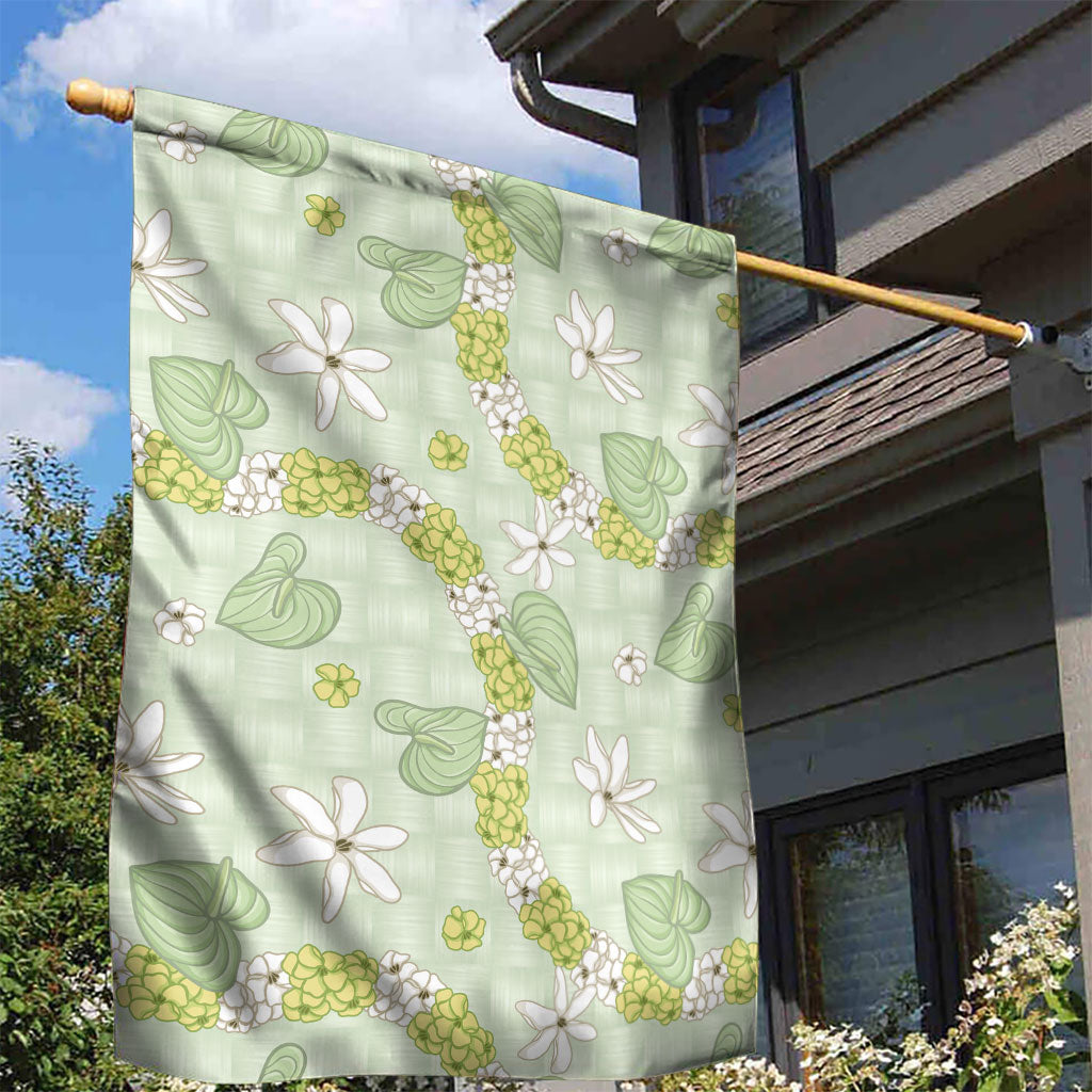 Hawaii Anthurium Tiare Pikake Lei Garden Flag Sage Green Lauhala Art Pattern