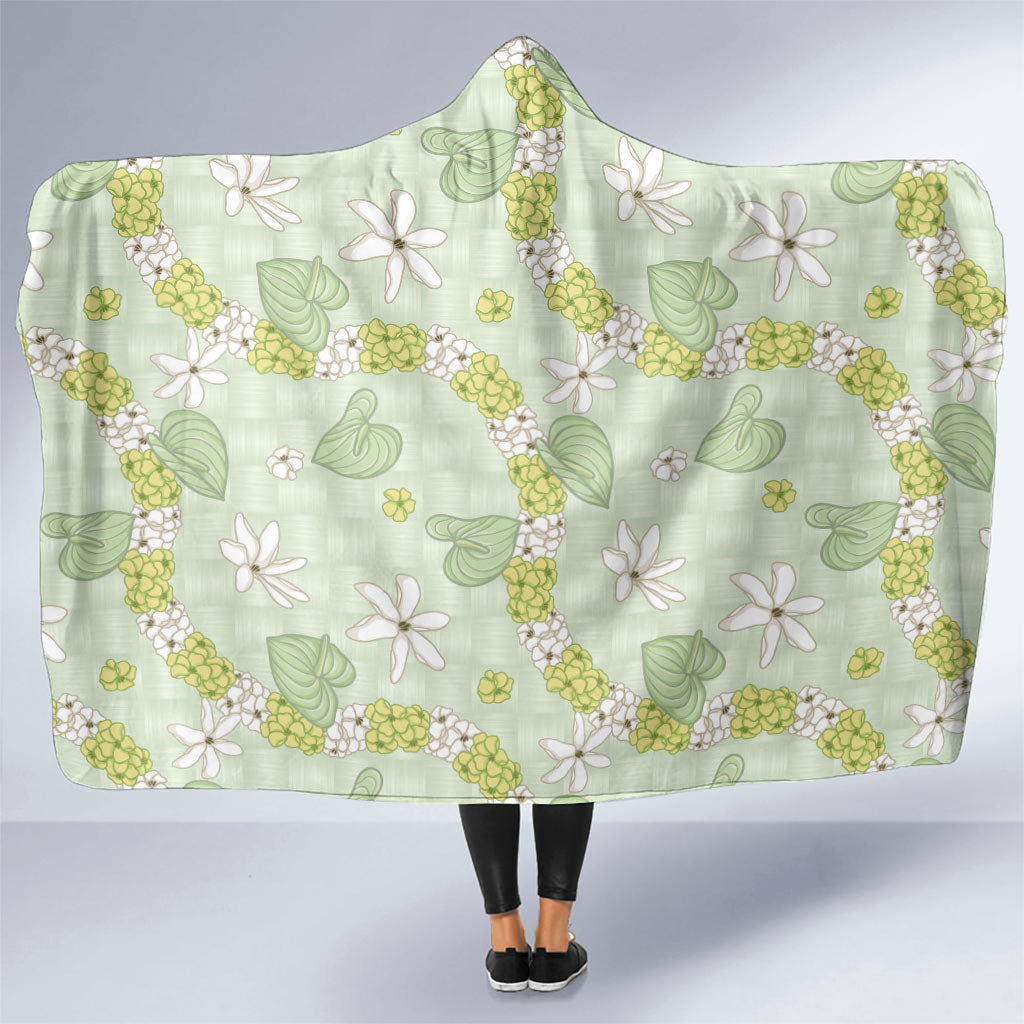 Hawaii Anthurium Tiare Pikake Lei Hooded Blanket Sage Green Lauhala Art Pattern