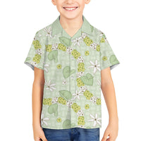 Hawaii Anthurium Tiare Pikake Lei Kid Hawaiian Shirt Sage Green Lauhala Art Pattern