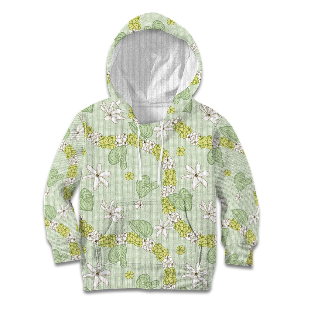 Hawaii Anthurium Tiare Pikake Lei Kid Hoodie Sage Green Lauhala Art Pattern