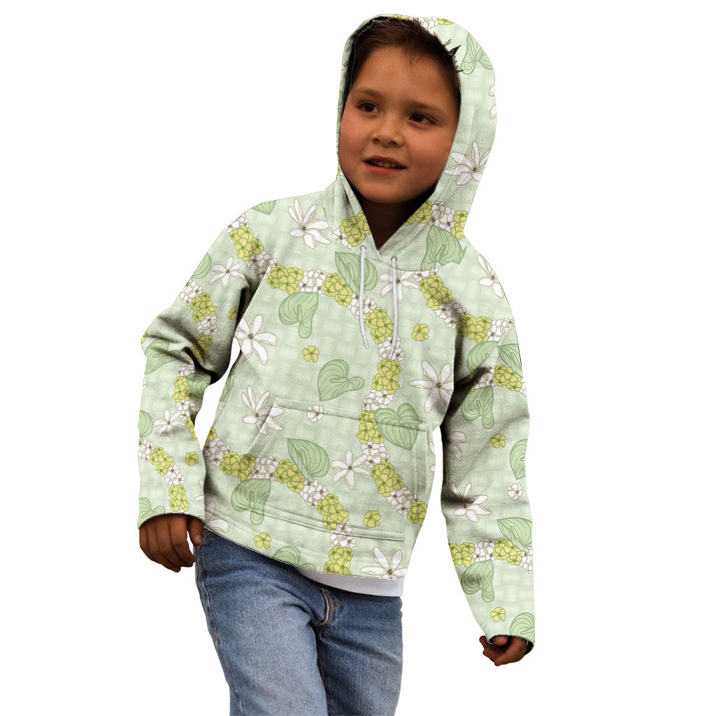 Hawaii Anthurium Tiare Pikake Lei Kid Hoodie Sage Green Lauhala Art Pattern