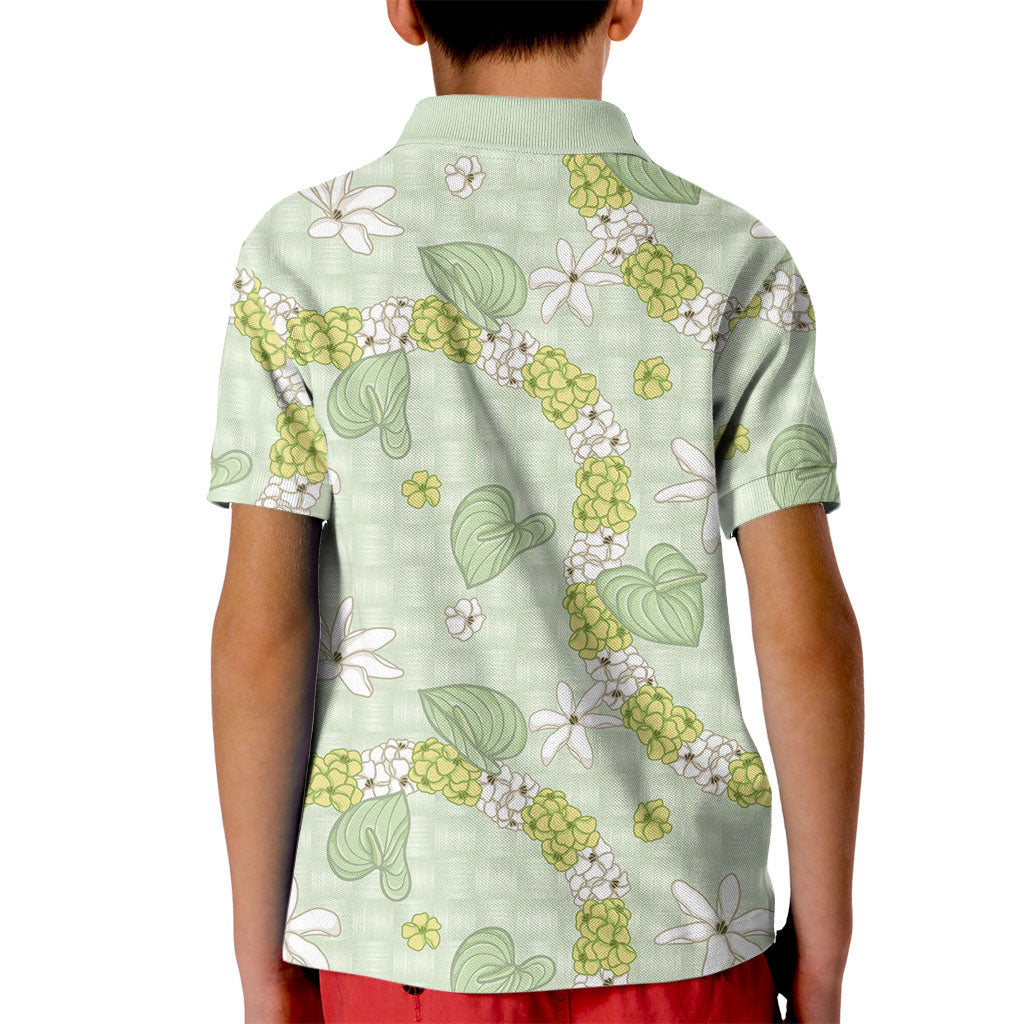 Hawaii Anthurium Tiare Pikake Lei Kid Polo Shirt Sage Green Lauhala Art Pattern