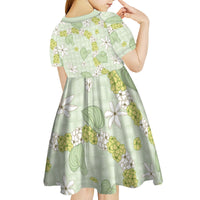 Hawaii Anthurium Tiare Pikake Lei Kid Short Sleeve Dress Sage Green Lauhala Art Pattern