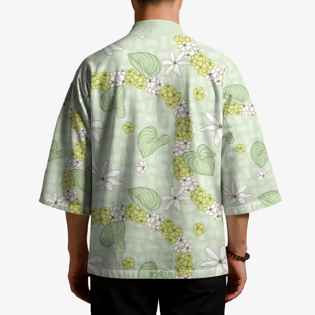 Hawaii Anthurium Tiare Pikake Lei Kimono Sage Green Lauhala Art Pattern