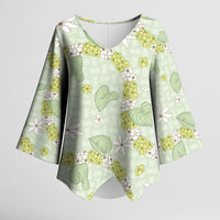 Hawaii Anthurium Tiare Pikake Lei Kimono Sleeve Blouse Sage Green Lauhala Art Pattern