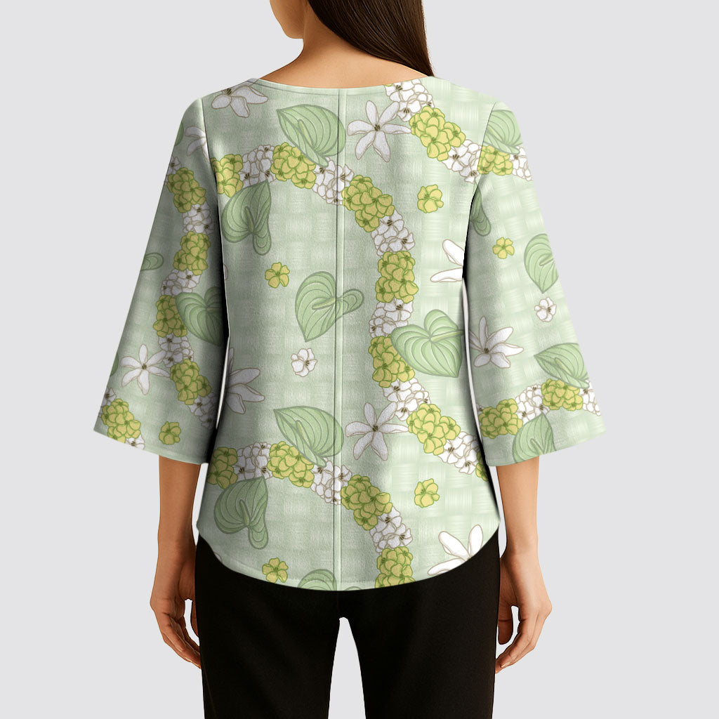 Hawaii Anthurium Tiare Pikake Lei Kimono Sleeve Blouse Sage Green Lauhala Art Pattern