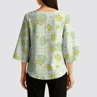 Hawaii Anthurium Tiare Pikake Lei Kimono Sleeve Blouse Sage Green Lauhala Art Pattern