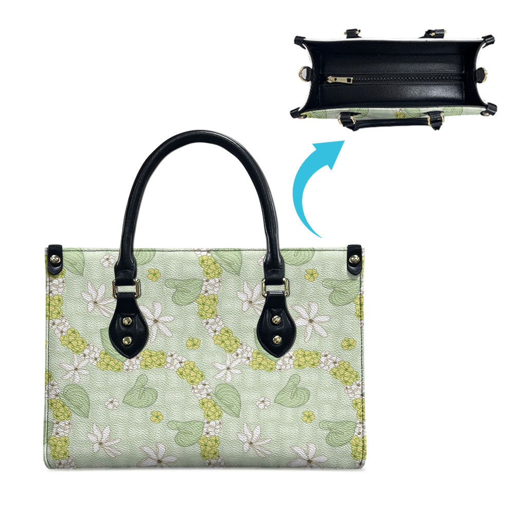 Hawaii Anthurium Tiare Pikake Lei Leather Bag Sage Green Lauhala Art Pattern