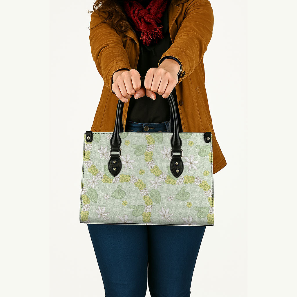 Hawaii Anthurium Tiare Pikake Lei Leather Bag Sage Green Lauhala Art Pattern