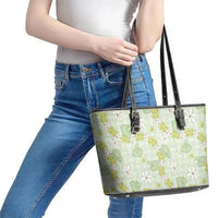 Hawaii Anthurium Tiare Pikake Lei Leather Tote Bag Sage Green Lauhala Art Pattern
