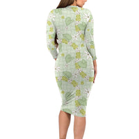 Hawaii Anthurium Tiare Pikake Lei Long Sleeve Bodycon Dress Sage Green Lauhala Art Pattern