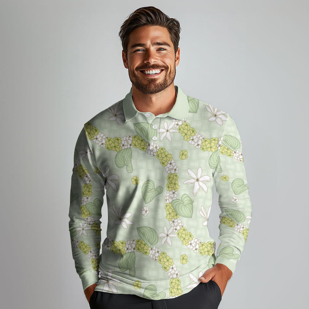 Hawaii Anthurium Tiare Pikake Lei Long Sleeve Polo Shirt Sage Green Lauhala Art Pattern
