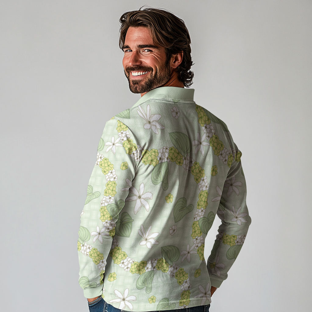 Hawaii Anthurium Tiare Pikake Lei Long Sleeve Polo Shirt Sage Green Lauhala Art Pattern