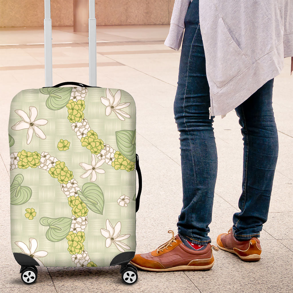 Hawaii Anthurium Tiare Pikake Lei Luggage Cover Sage Green Lauhala Art Pattern