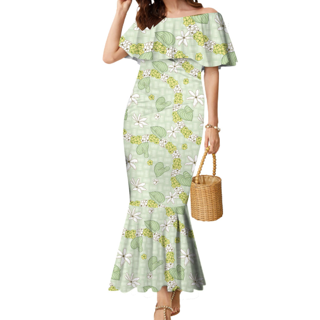 Hawaii Anthurium Tiare Pikake Lei Mermaid Dress Sage Green Lauhala Art Pattern