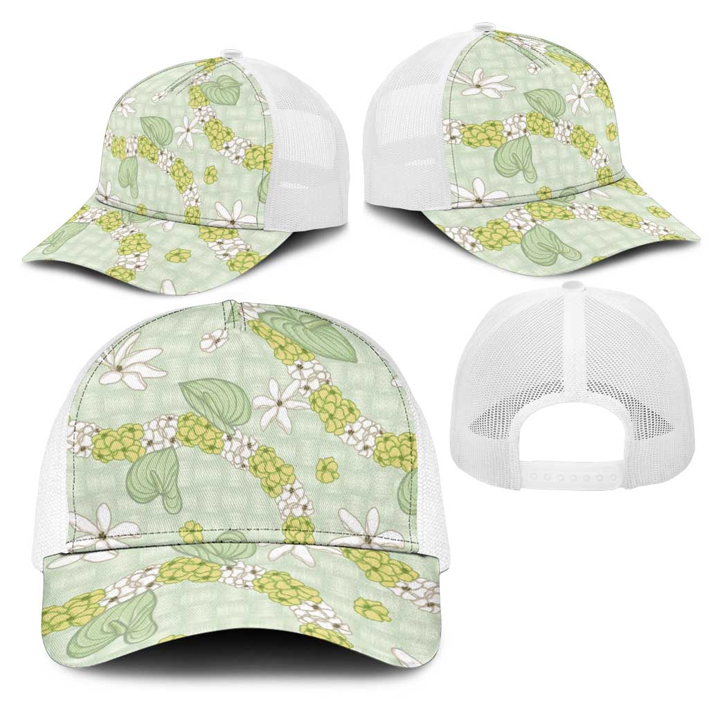 Hawaii Anthurium Tiare Pikake Lei Mesh Trucker Cap Sage Green Lauhala Art Pattern
