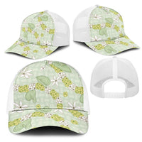Hawaii Anthurium Tiare Pikake Lei Mesh Trucker Cap Sage Green Lauhala Art Pattern