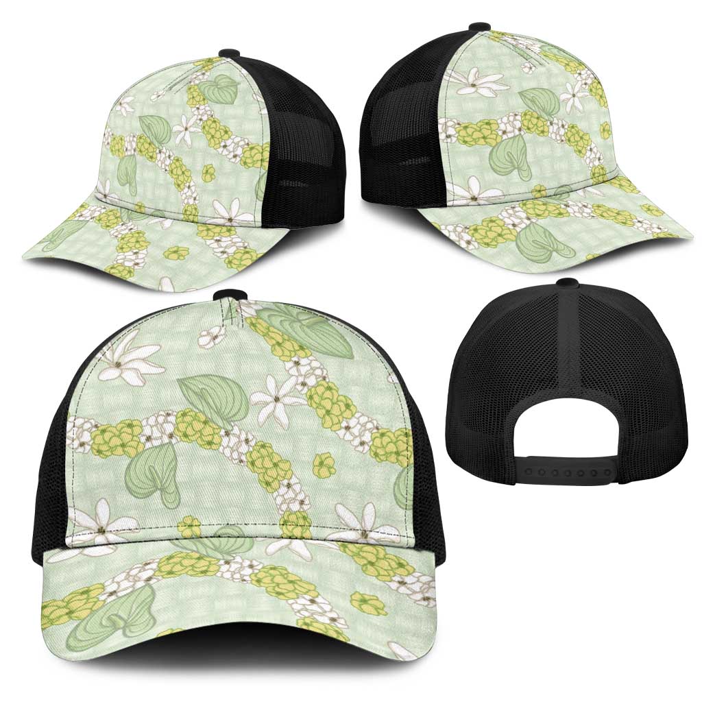 Hawaii Anthurium Tiare Pikake Lei Mesh Trucker Cap Sage Green Lauhala Art Pattern