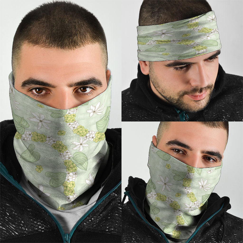 Hawaii Anthurium Tiare Pikake Lei Neck Gaiter Sage Green Lauhala Art Pattern