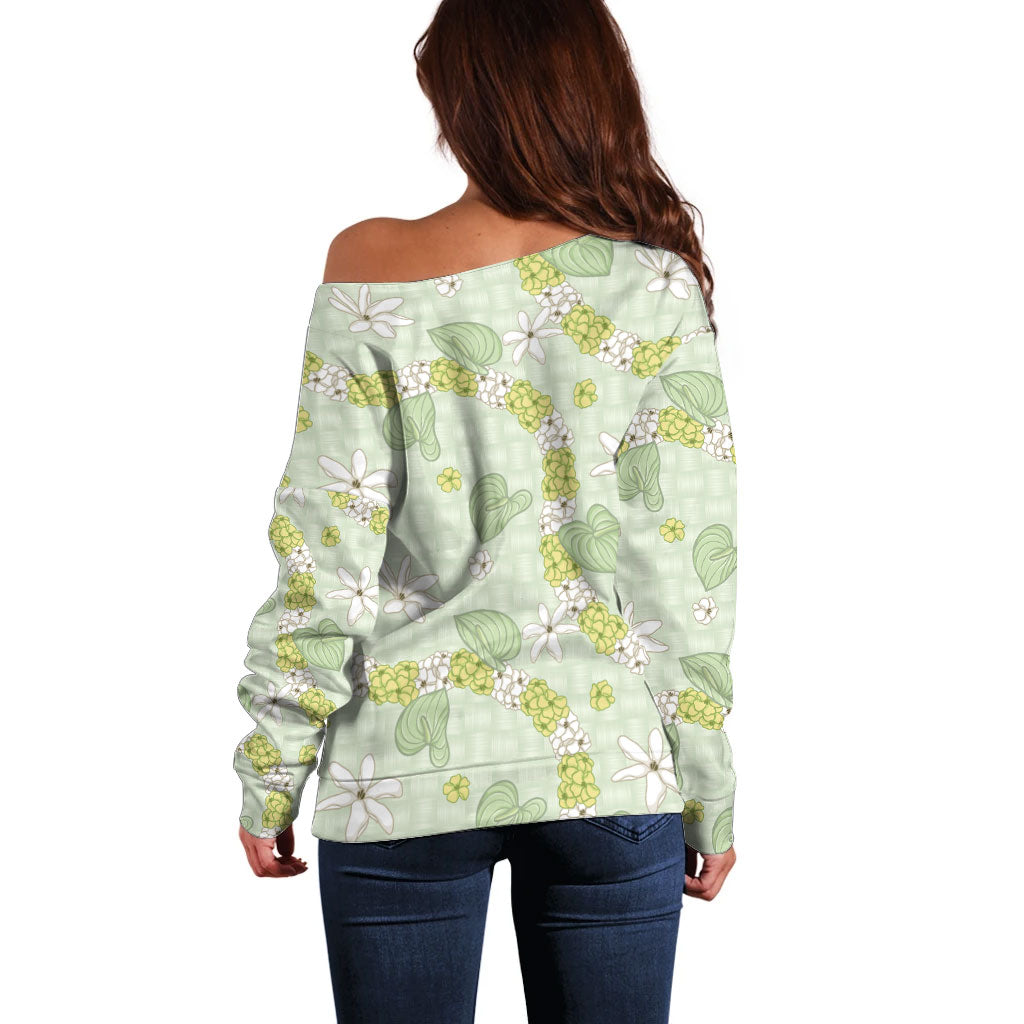 Hawaii Anthurium Tiare Pikake Lei Off Shoulder Sweater Sage Green Lauhala Art Pattern