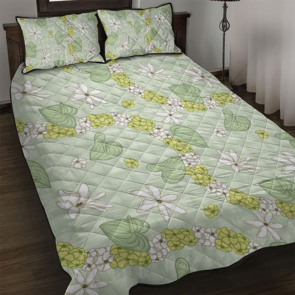 Hawaii Anthurium Tiare Pikake Lei Quilt Bed Set Sage Green Lauhala Art Pattern