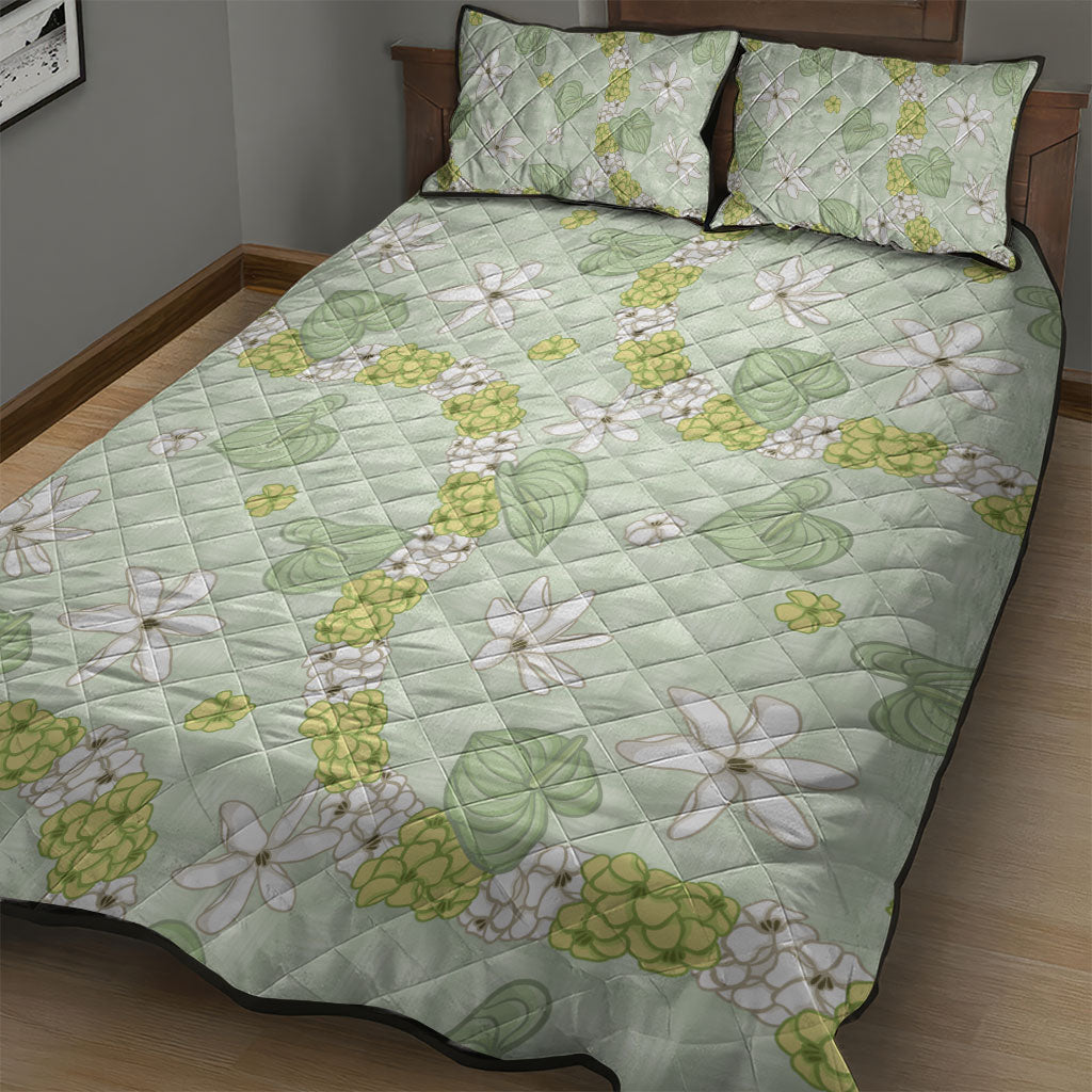 Hawaii Anthurium Tiare Pikake Lei Quilt Bed Set Sage Green Lauhala Art Pattern