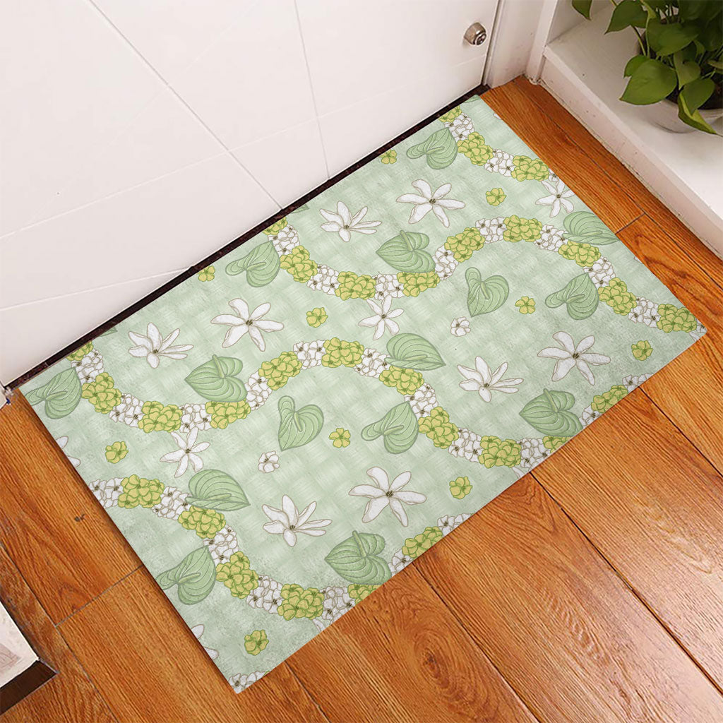 Hawaii Anthurium Tiare Pikake Lei Rubber Doormat Sage Green Lauhala Art Pattern