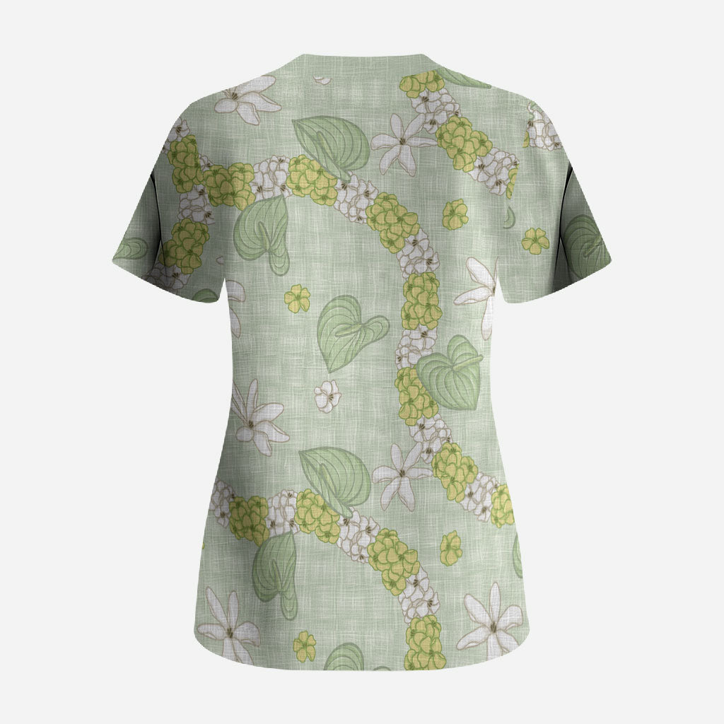 Hawaii Anthurium Tiare Pikake Lei Scrub Top Sage Green Lauhala Art Pattern
