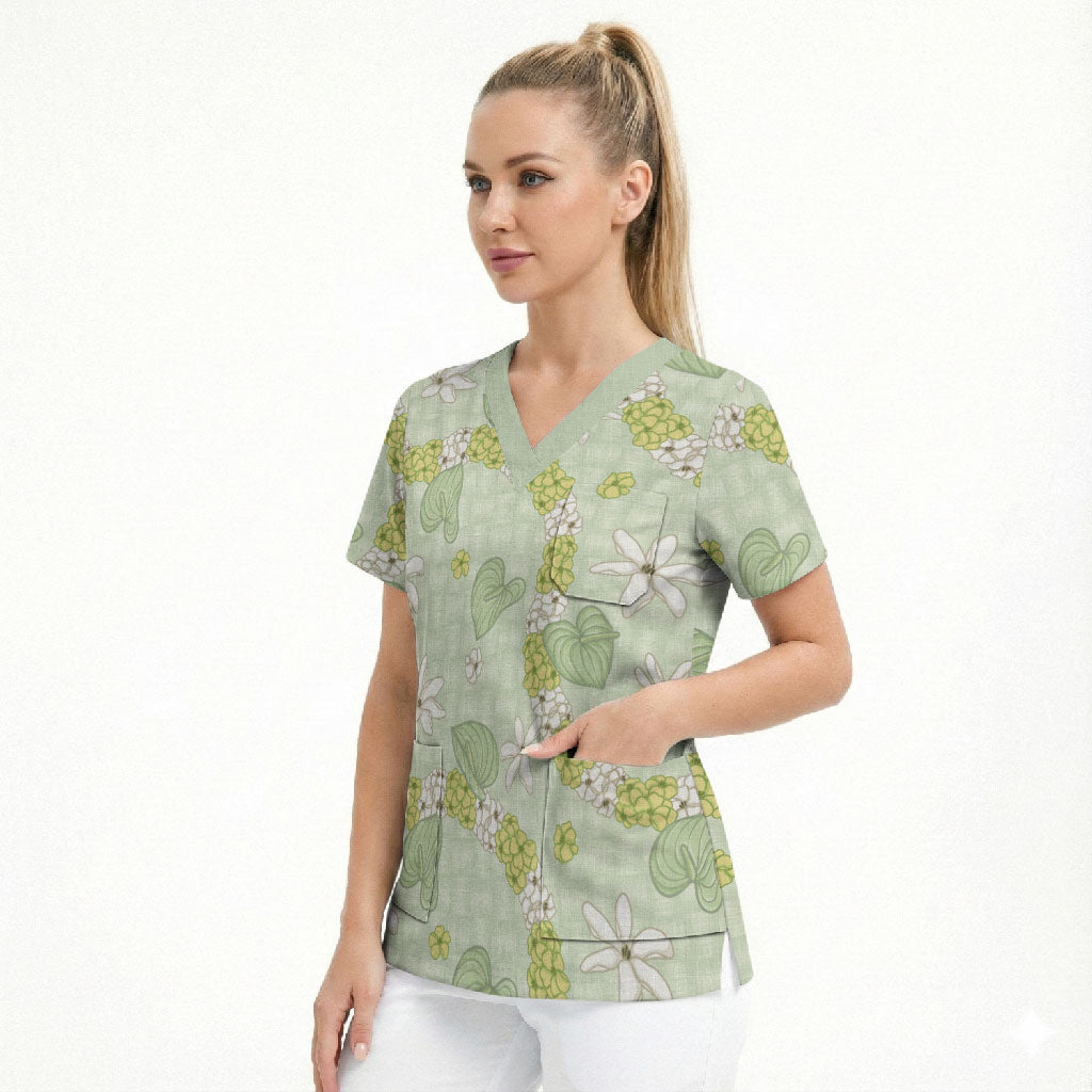 Hawaii Anthurium Tiare Pikake Lei Scrub Top Sage Green Lauhala Art Pattern
