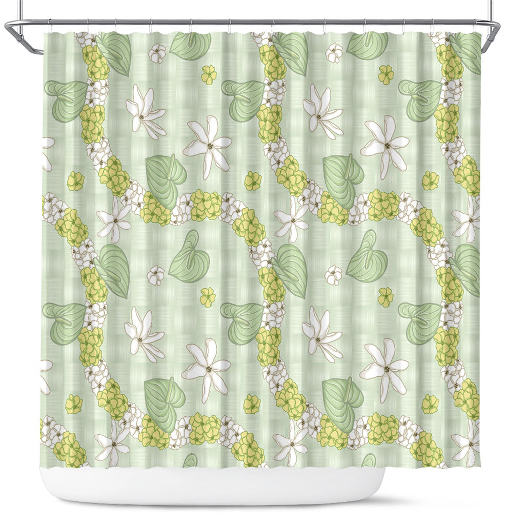 Hawaii Anthurium Tiare Pikake Lei Shower Curtain Sage Green Lauhala Art Pattern