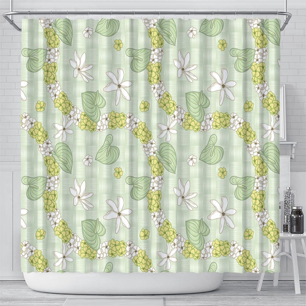 Hawaii Anthurium Tiare Pikake Lei Shower Curtain Sage Green Lauhala Art Pattern