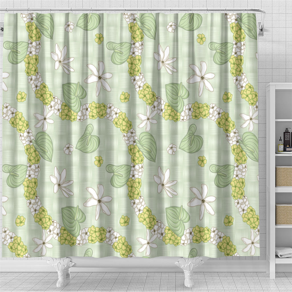 Hawaii Anthurium Tiare Pikake Lei Shower Curtain Sage Green Lauhala Art Pattern