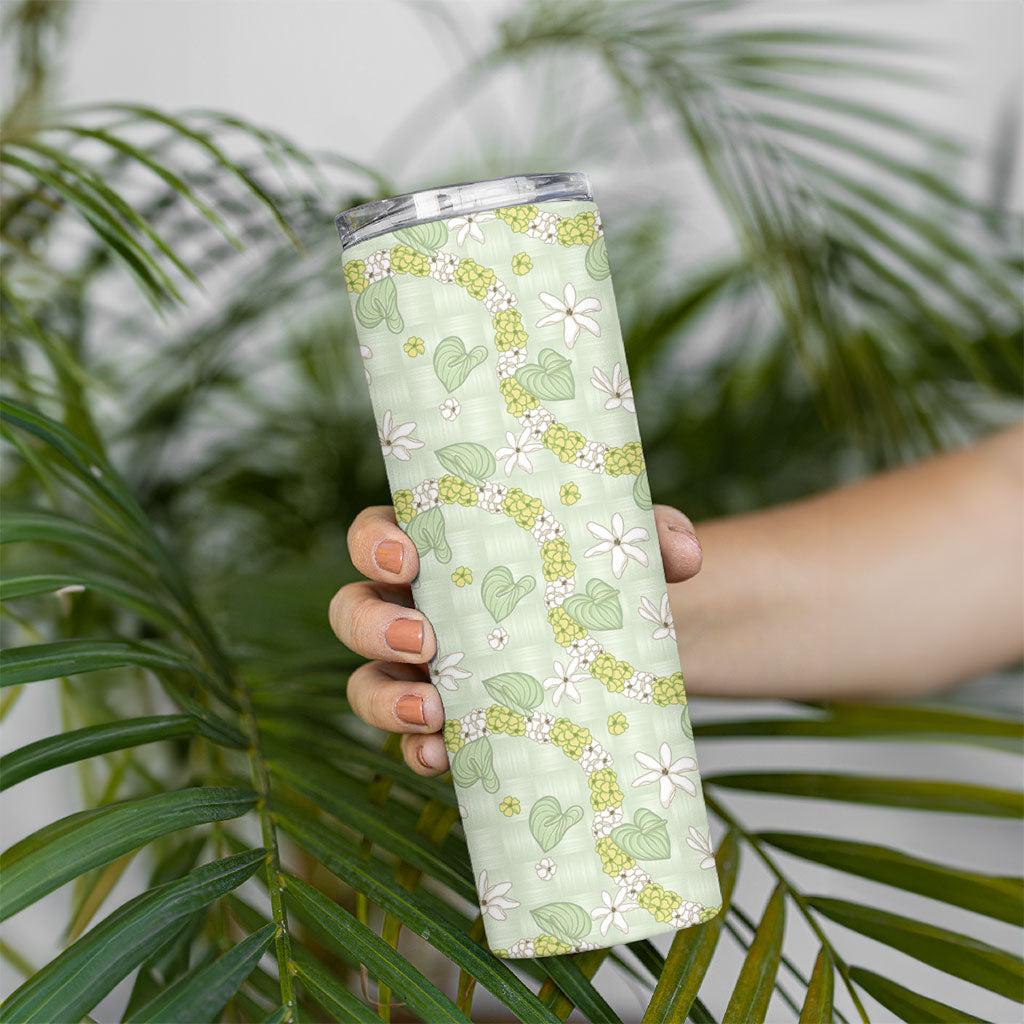 Hawaii Anthurium Tiare Pikake Lei Skinny Tumbler Sage Green Lauhala Art Pattern
