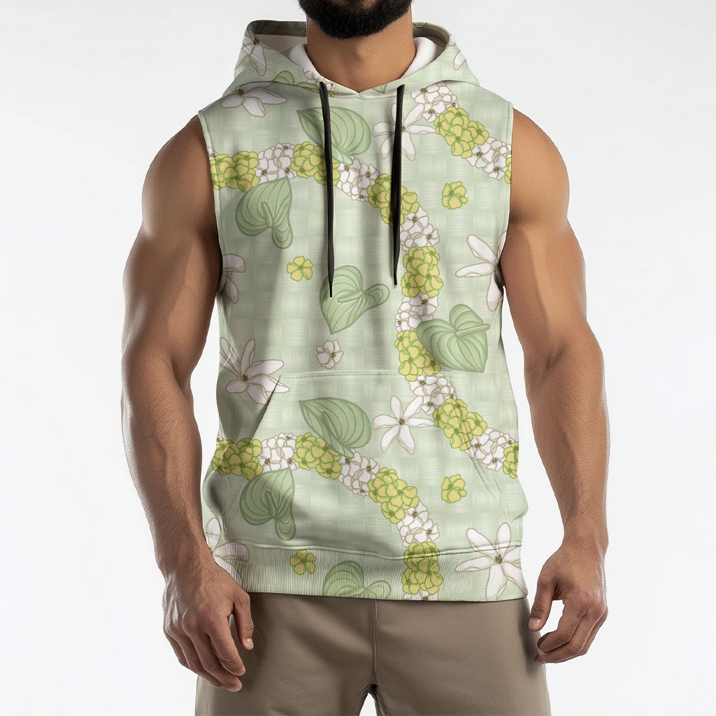 Hawaii Anthurium Tiare Pikake Lei Sleeveless Hoodie Sage Green Lauhala Art Pattern