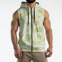 Hawaii Anthurium Tiare Pikake Lei Sleeveless Zip Hoodie Sage Green Lauhala Art Pattern