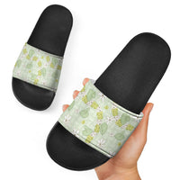 Hawaii Anthurium Tiare Pikake Lei Slide Sandals Sage Green Lauhala Art Pattern