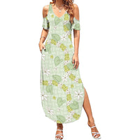 Hawaii Anthurium Tiare Pikake Lei Summer Maxi Dress Sage Green Lauhala Art Pattern