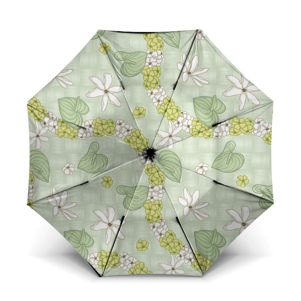 Hawaii Anthurium Tiare Pikake Lei Umbrella Sage Green Lauhala Art Pattern