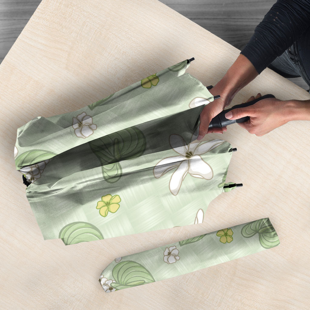 Hawaii Anthurium Tiare Pikake Lei Umbrella Sage Green Lauhala Art Pattern
